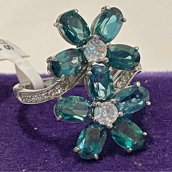 Imported 925 Genuine Natural Green Topaz Double Flower Wrap Ring Sz8.25 NWT - Picture 2 of 4